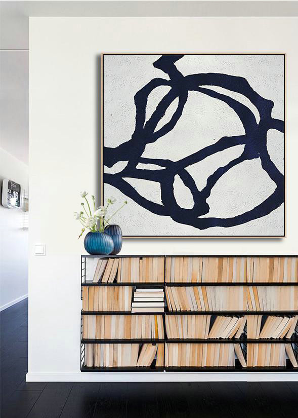 Large Contemporary Art Acrylic Painting,Hand Painted Navy Minimalist Painting On Canvas,Original Abstract Painting Canvas Art